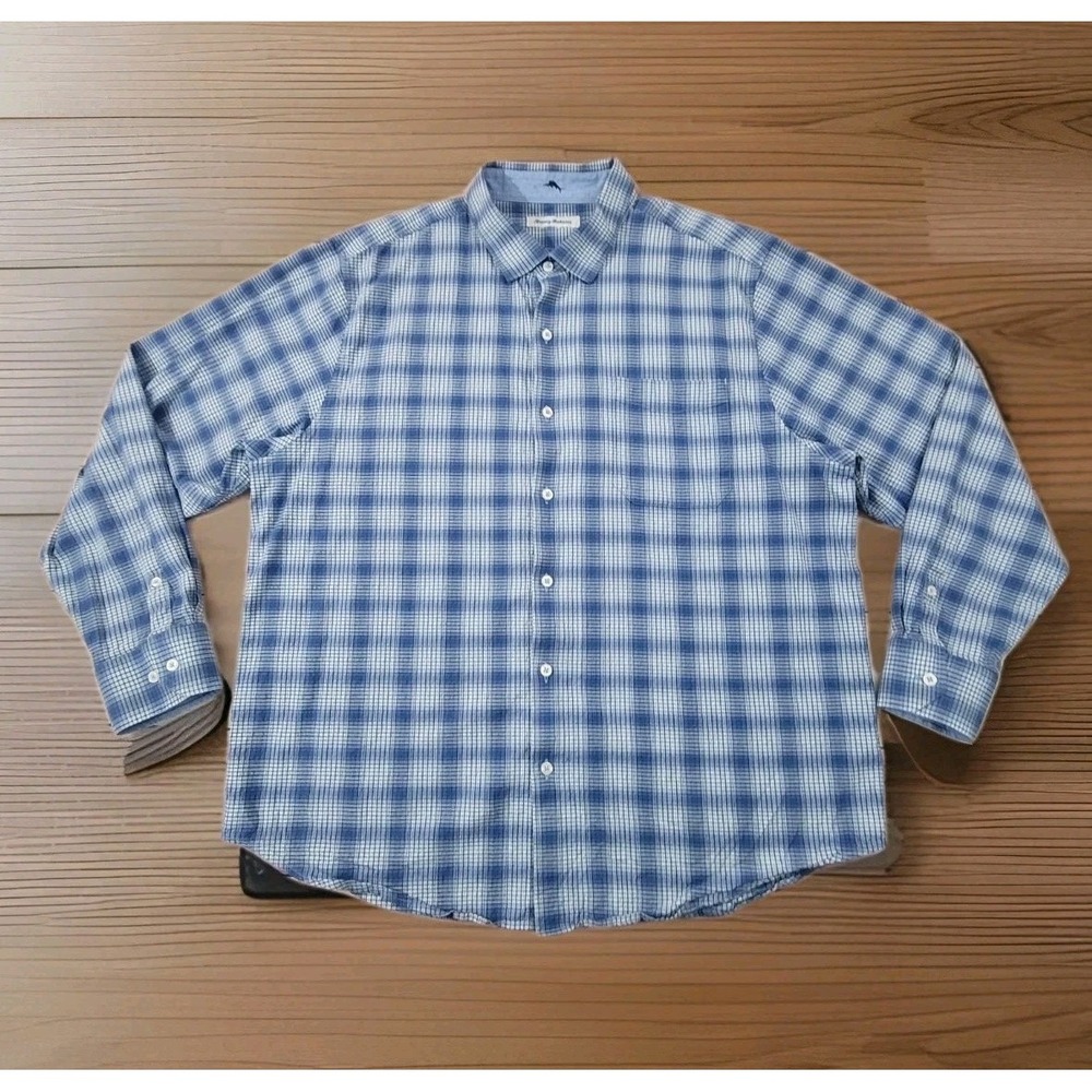 Tommy Bahama XL Men's Shirt Blue Ombre Plaid Long Sleeve Button Up Casual Resort